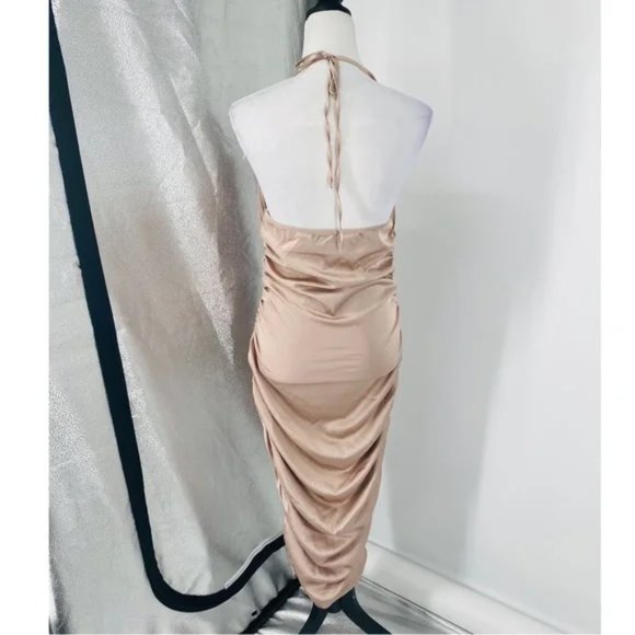 Silk Satin Sleeveless Cowl Neck Backless Open Back Ruched Bodycon Midi Dress - Picture 16 of 17